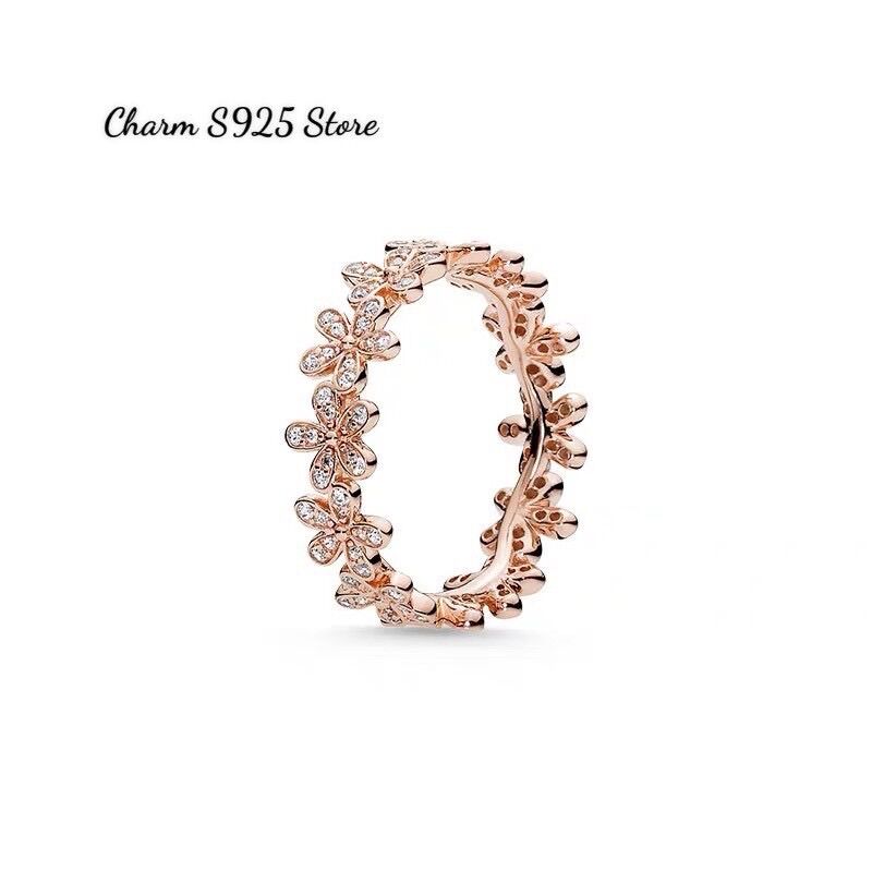 Nhẫn pandora ale hoa 5 cánh đính đá vàng hồng bạc s925 cao cấp