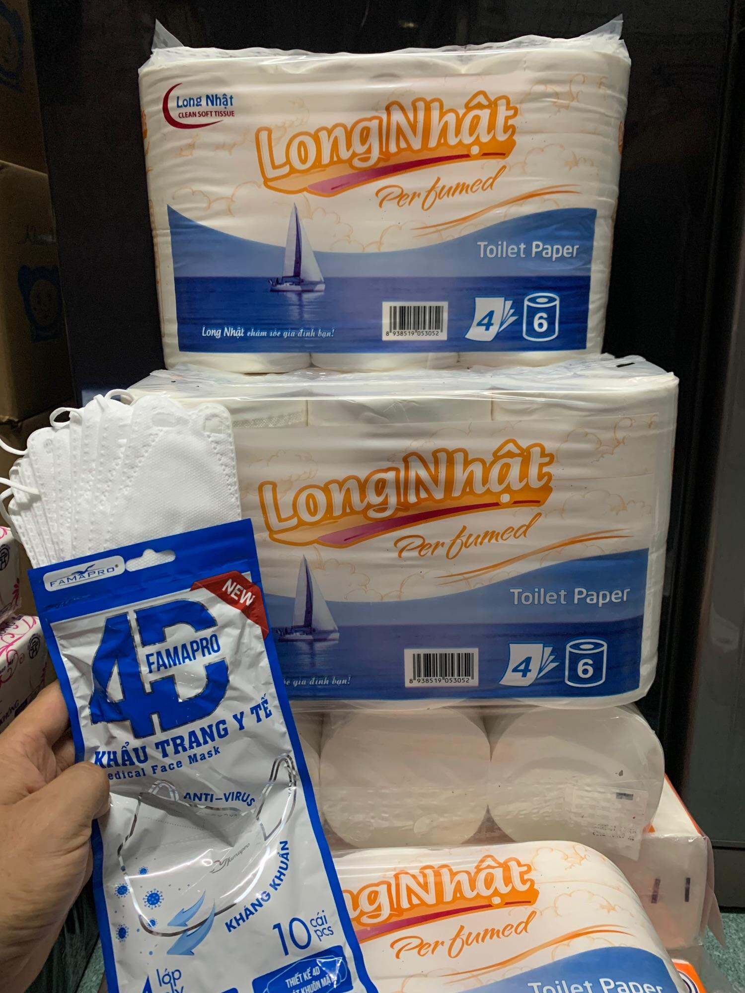 COMBO 4 LỐC 6 CUỘN KHÔNG LÕI LONG NHẬT GIẤY LỤA 4 LỚP - (TẶNG BỊCH 20 CÁI KHẨU TRANG 4D FAMAPRO)