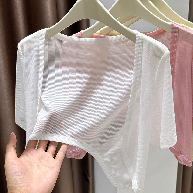 Áo Len Cardigan Tay Ngắn Bằng Lụa Băng Mới Cho Nữ Mùa Hè Mỏng Bằng Vải Voan Lưới Áo Khoác Ngoài Váy 