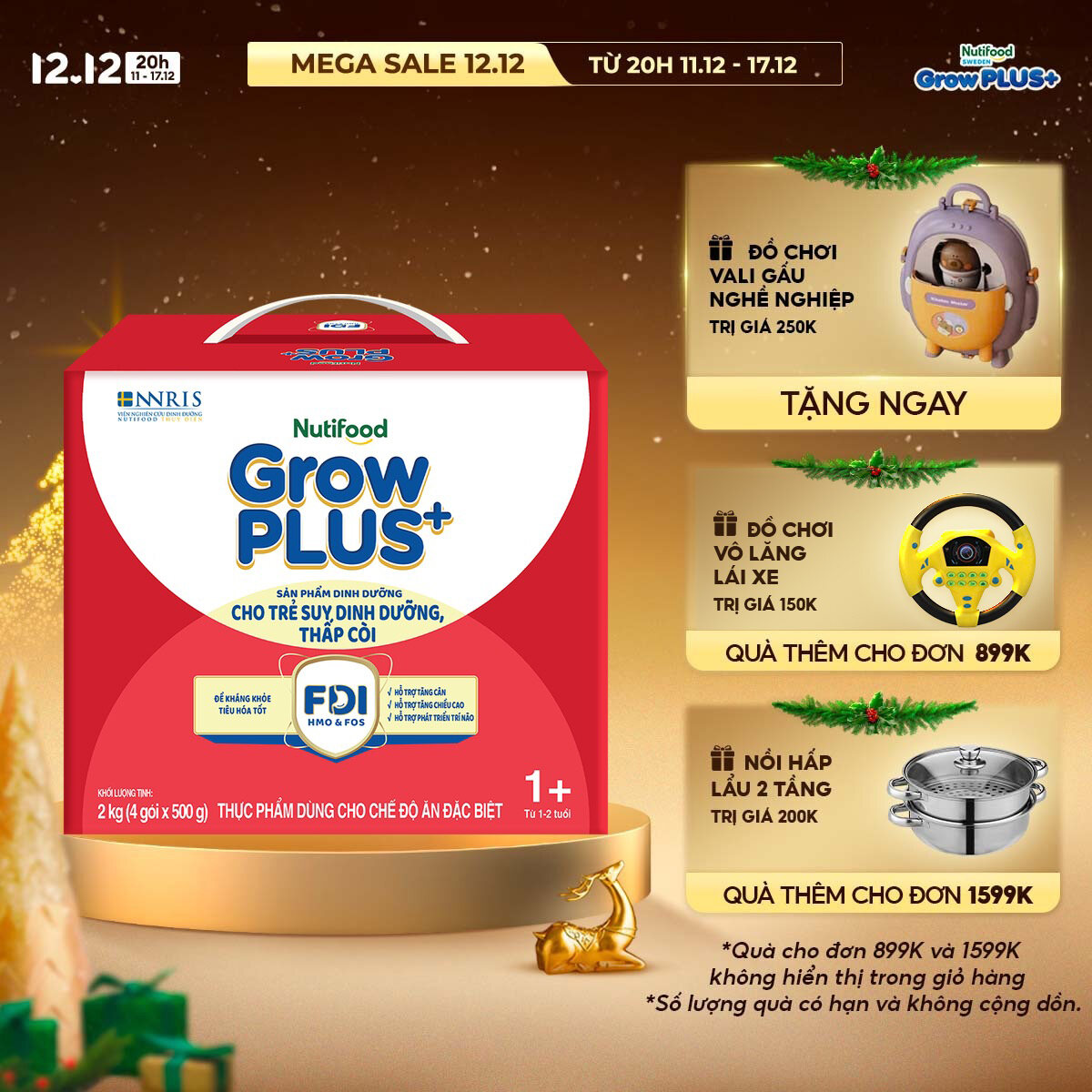 Sữa bột Nutifood GrowPLUS+ Suy Dinh Dưỡng (Đỏ) 1+ - Tăng Cân, Tăng Chiều Cao (Hộp 2 Kg)