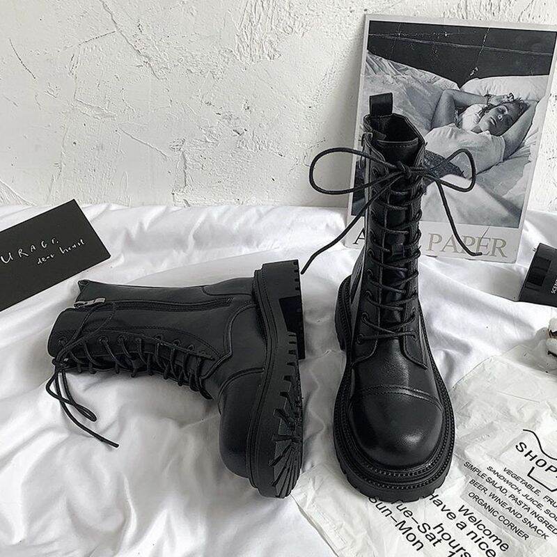 Bốt dr. martens bốt nữ gót vuông gót cao vừa phong cách anh ống ngắn mũi tròn mùa xuân mẫu mới năm 2022 giày giày nữ