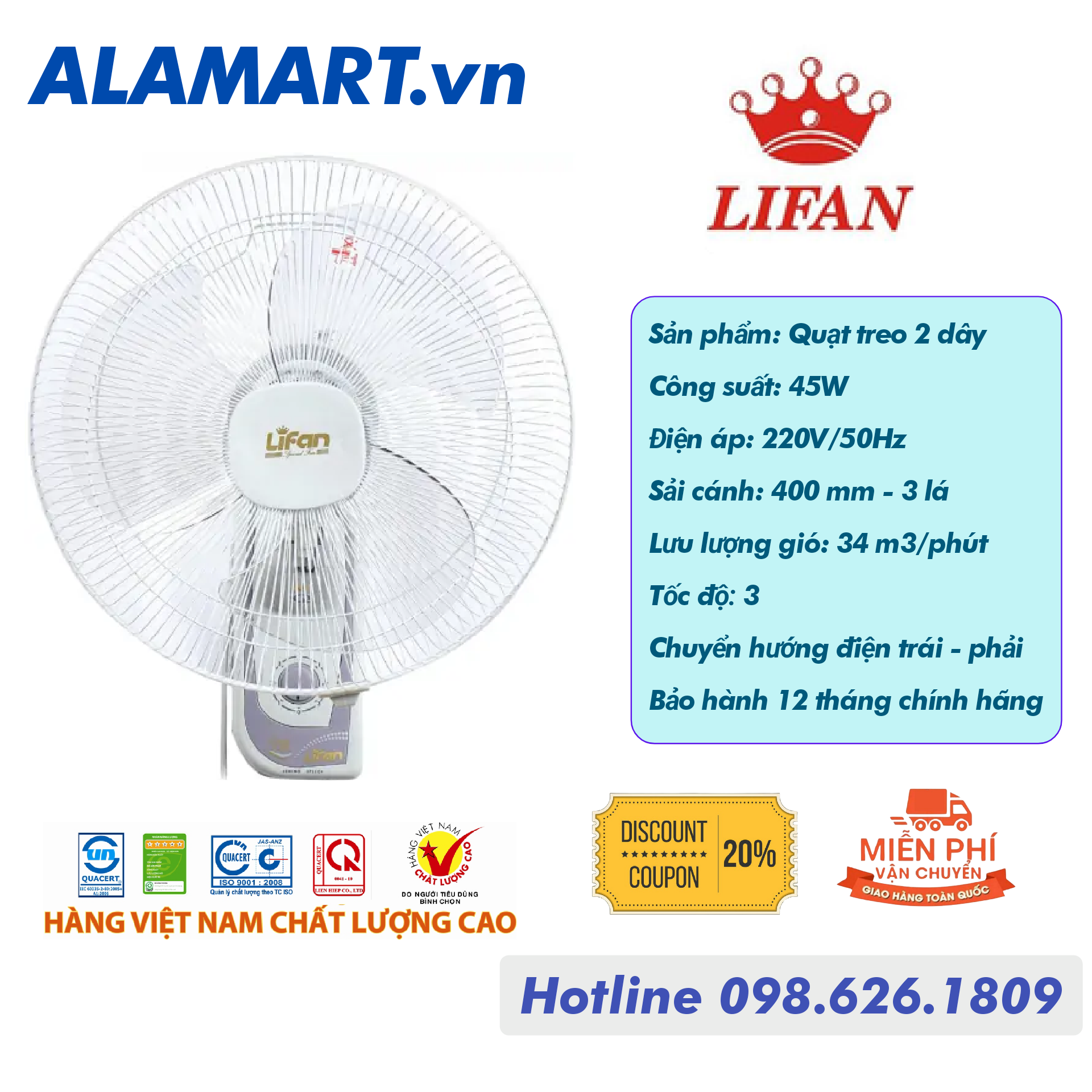 QUẠT TREO 2 DÂY GIẬT LIFAN T-162H động cơ dây đồng 45W sải cánh 400 mm hoạt động êm ái