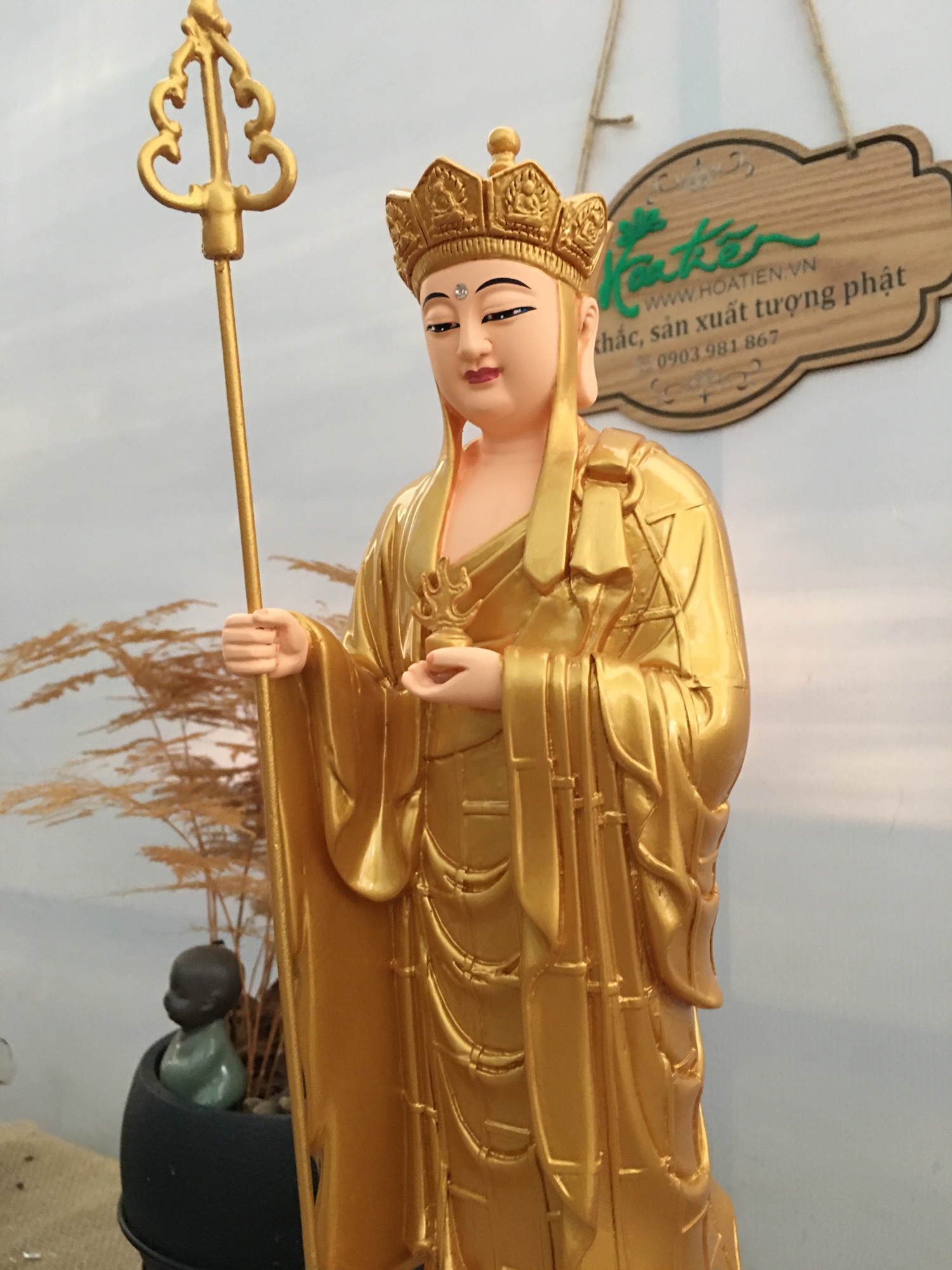 Tượng phật địa tạng đứng 38cm và ngồi 30cm vàng không đỏ | Tượng Phật Hoa Tiên