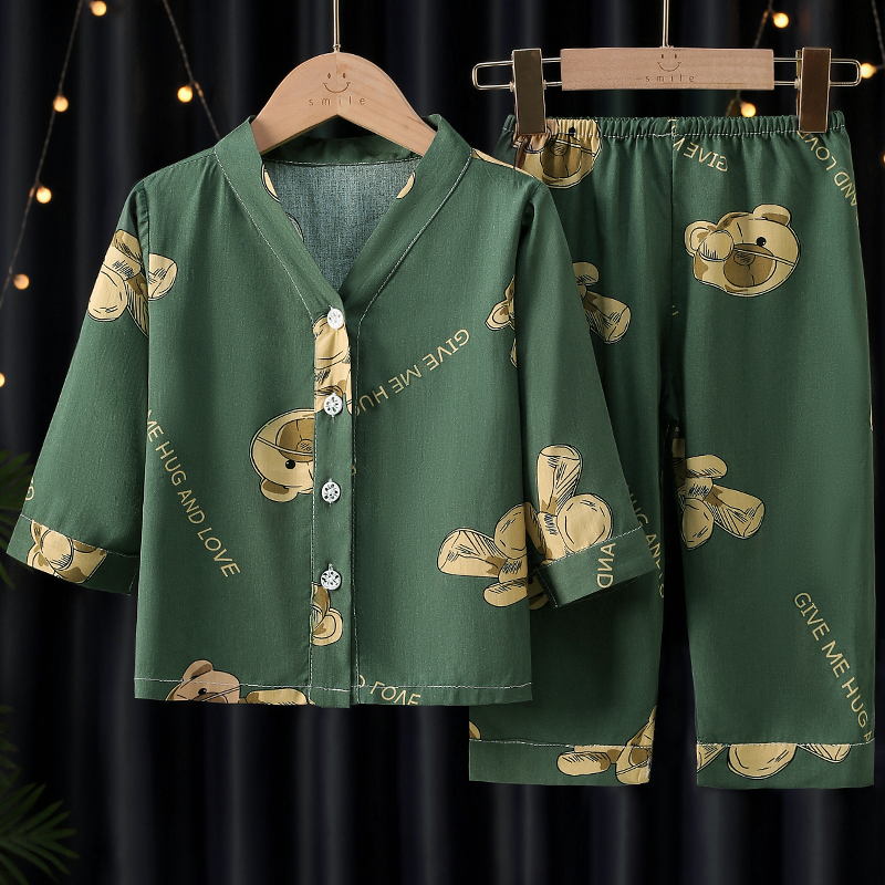 Đồ Ngủ Trẻ Em Bộ Đồ Dài Tay Lụa Cotton Mẫu Mỏng Bé Trai Mùa Hè Bộ Đồ Mặc Nhà Điều Hòa Lụa Cotton Trẻ Em Trai Lớn