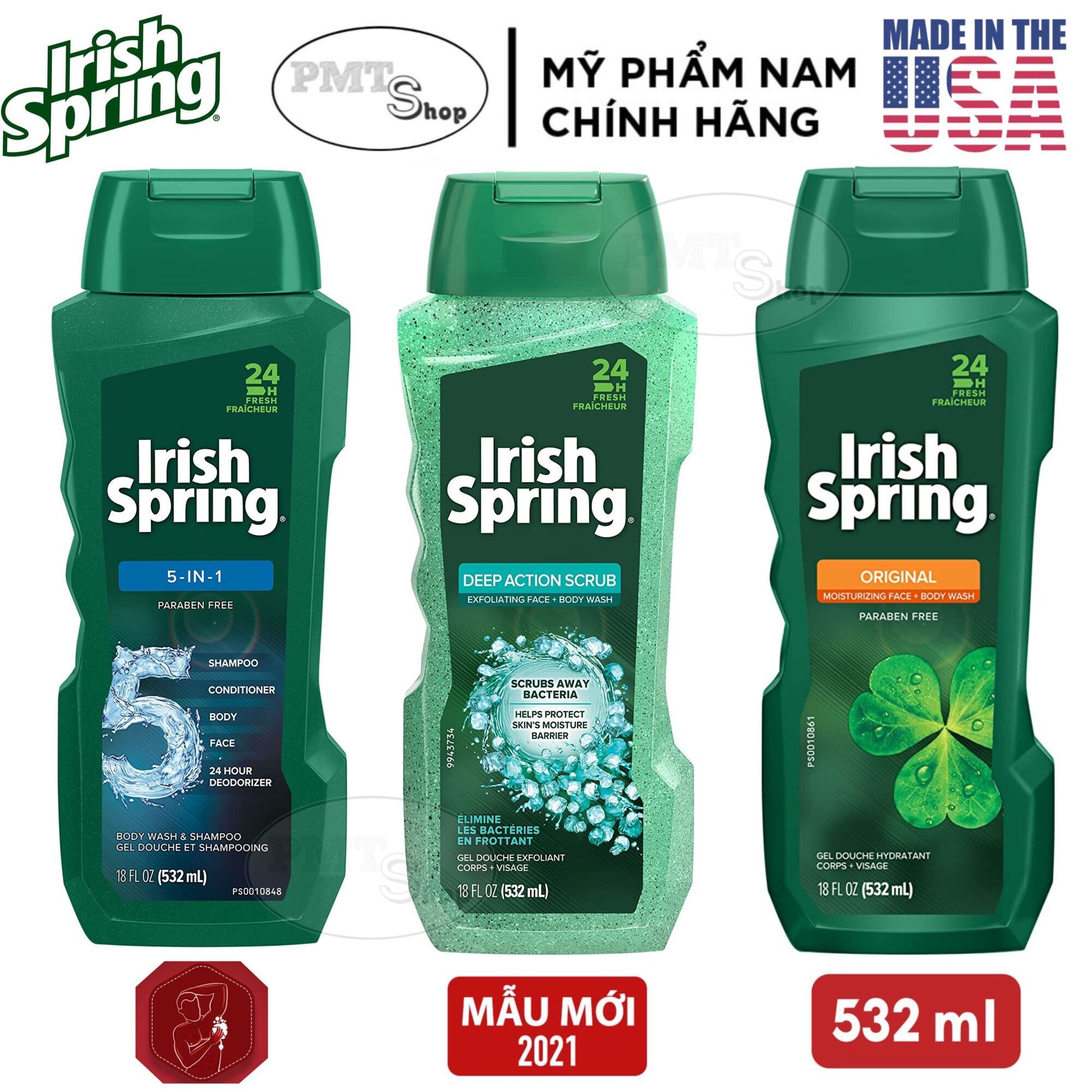 [USA] 1 chai Sữa Tắm Irish Spring 532ml Original | Deep Action Scrub | 5in1 - Mỹ cao cấp