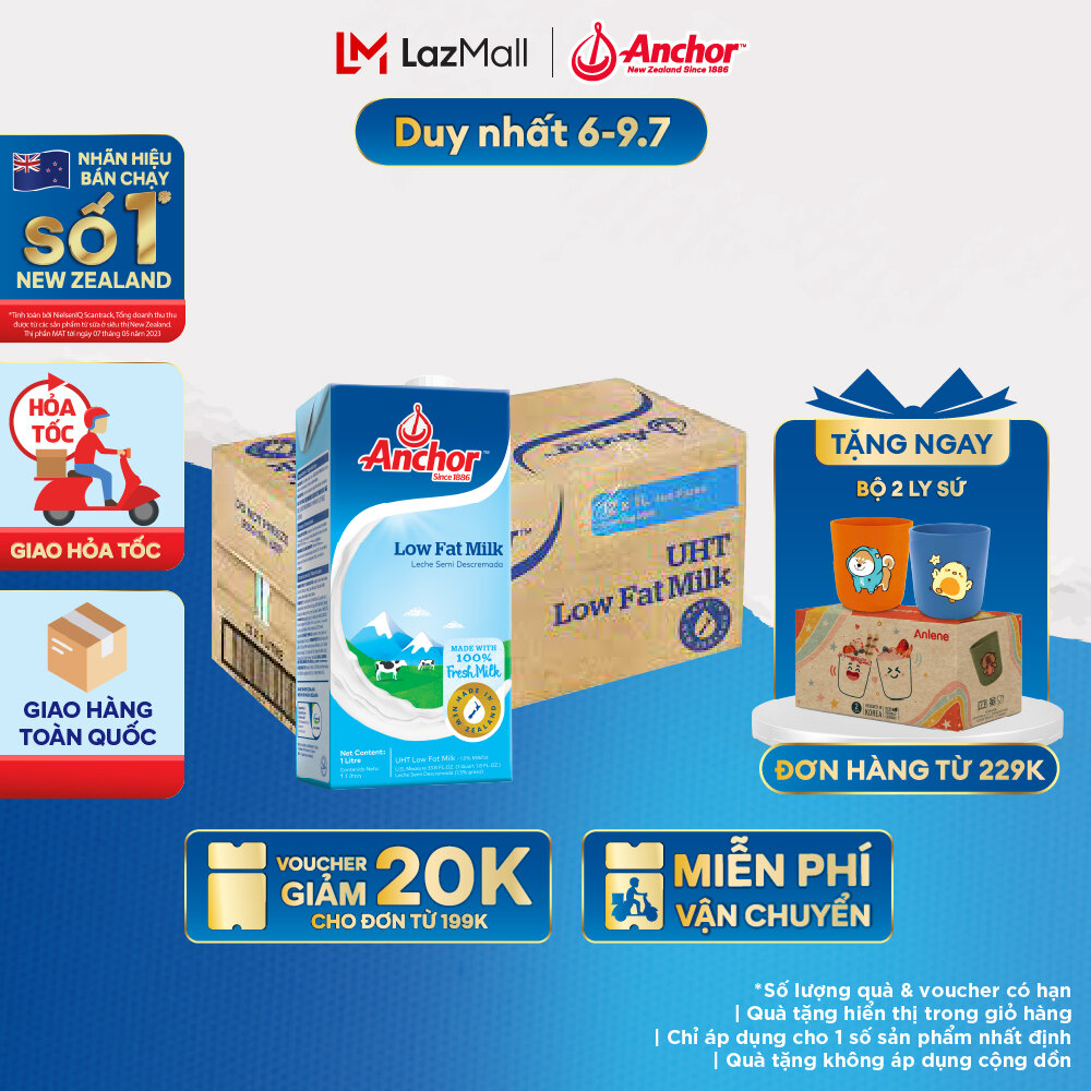 [GIAO HÀNG HỎA TỐC - HCM] Thùng 12 Hộp Sữa Tươi Tiệt Trùng Anchor Ít Béo Hộp 1 Lít