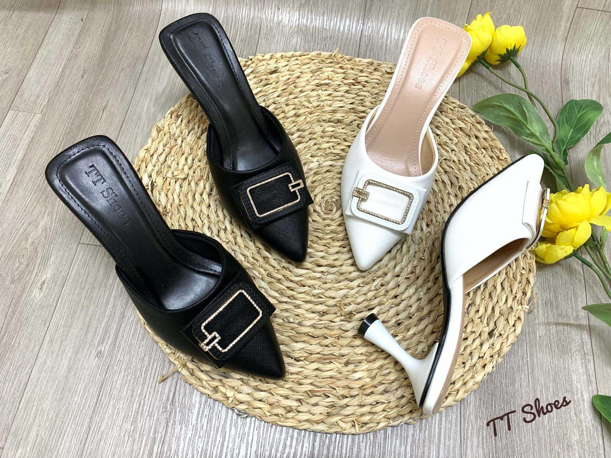 (Form to mn đừng tăng size) giày sục nữ 7cm gót nhọn đính khoá êm chân TT Shoes sonk1