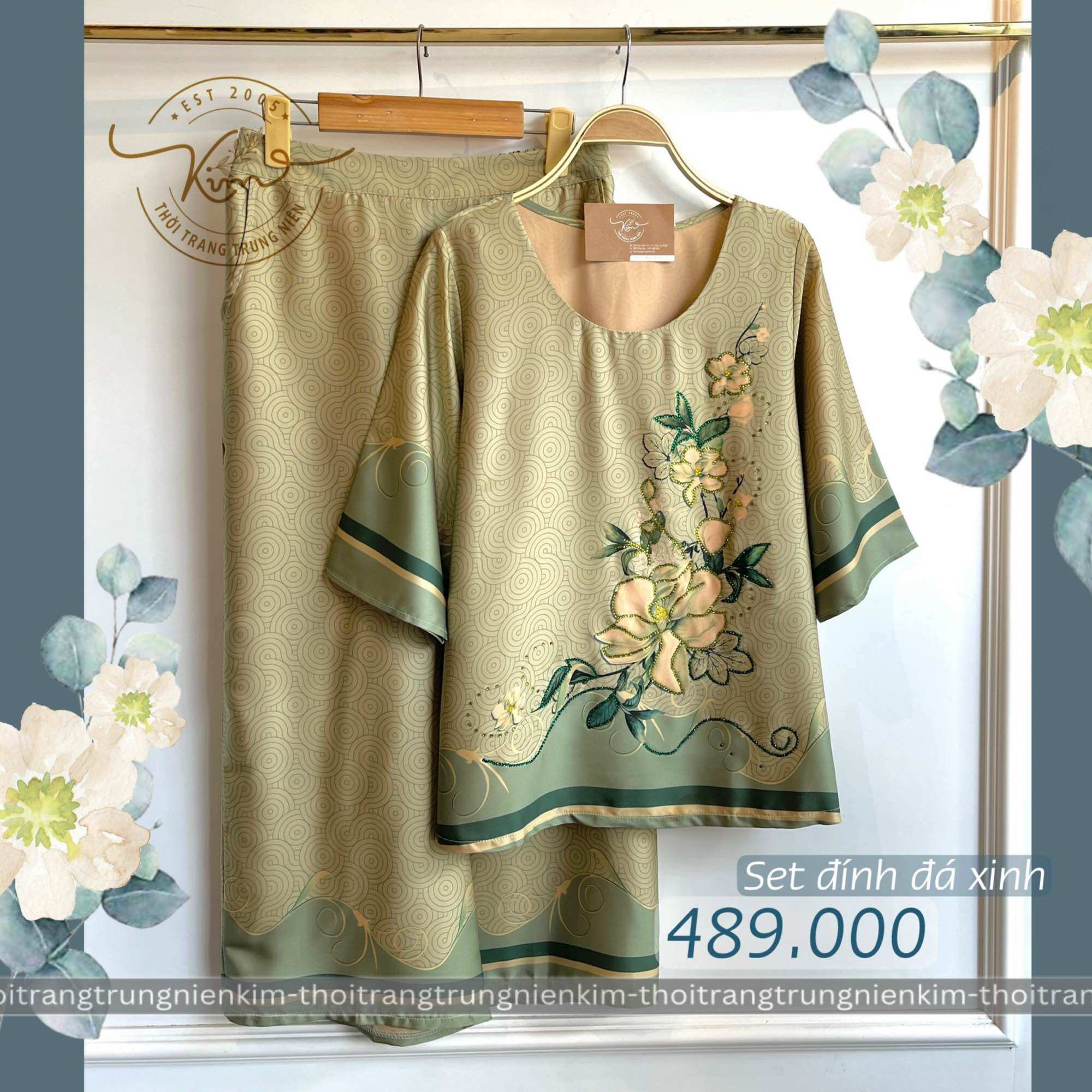 Sét bộ lụa trung niên cao cấp hoa văn hoạ tiết đính đá sang trọng Bigsize quần dài 85cm