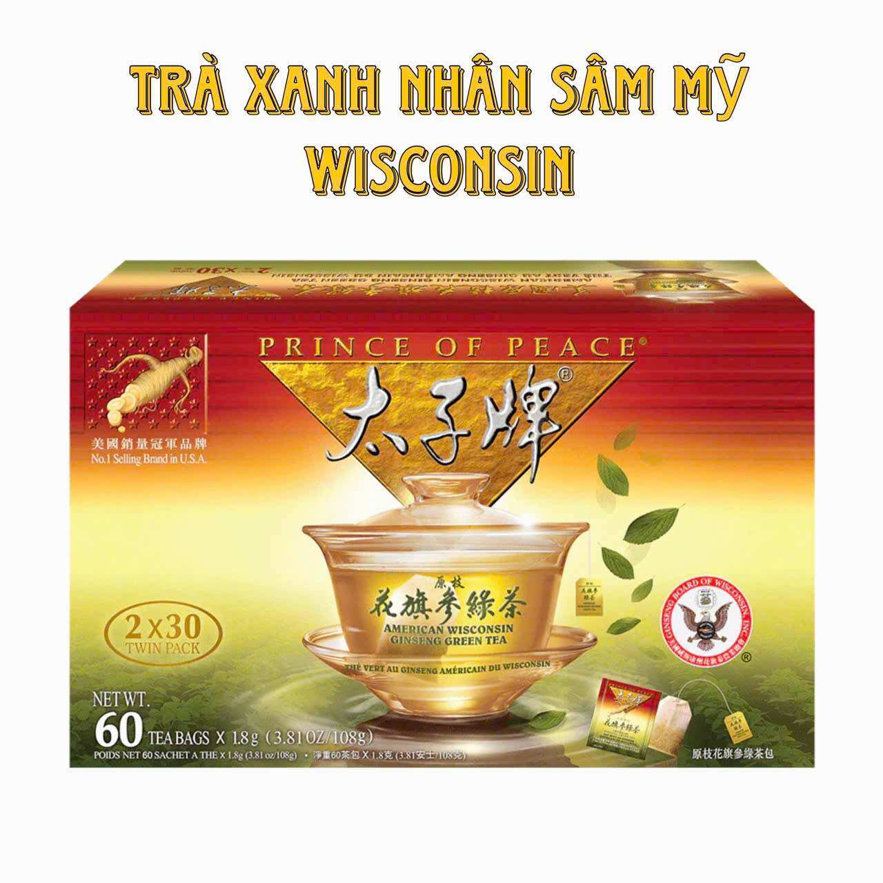 Trà xanh nhân sâm hoa kỳ túi lọc prince of peace hộp 60 gói
