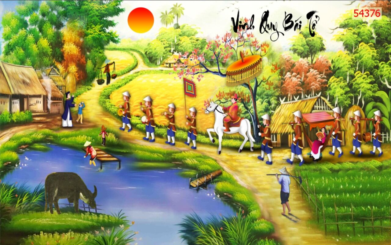Tranh lụa đồng quê Việt Nam vinh quy bái tổ dán tường