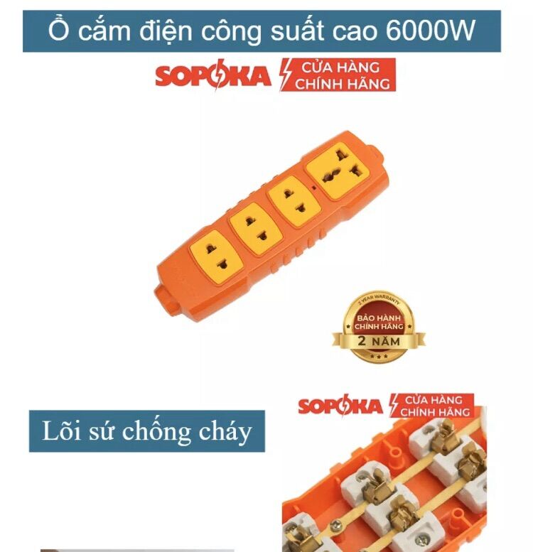 Ổ không dây 2 ổ cắm, 3 ổ cắm, 4 ổ cắm siêu chịu tải sopoka 6000w, lõi sứ chịu nhiệt, chống cháy
