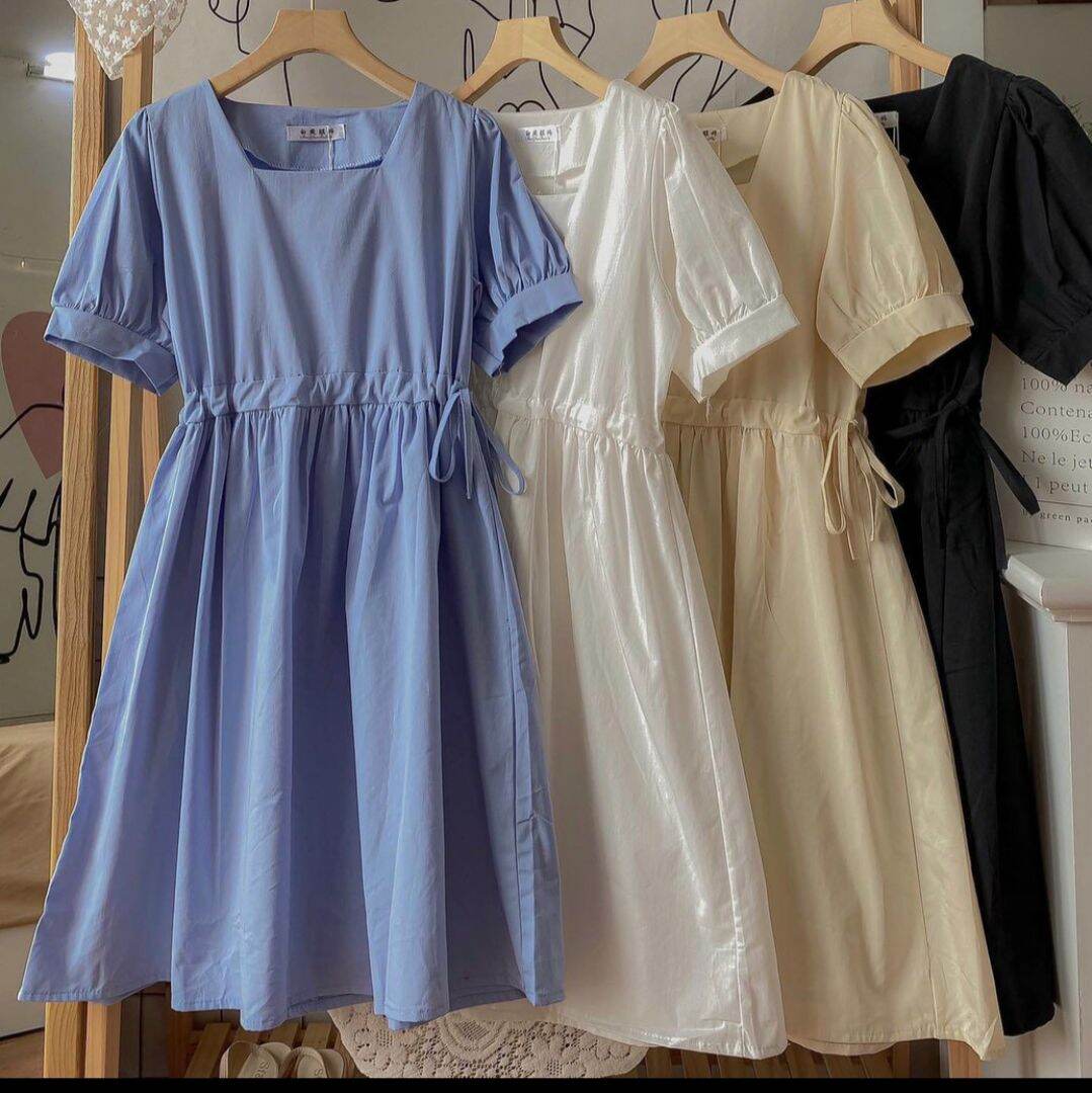đầm thô tay bồng rút eo vintage ảnh thật