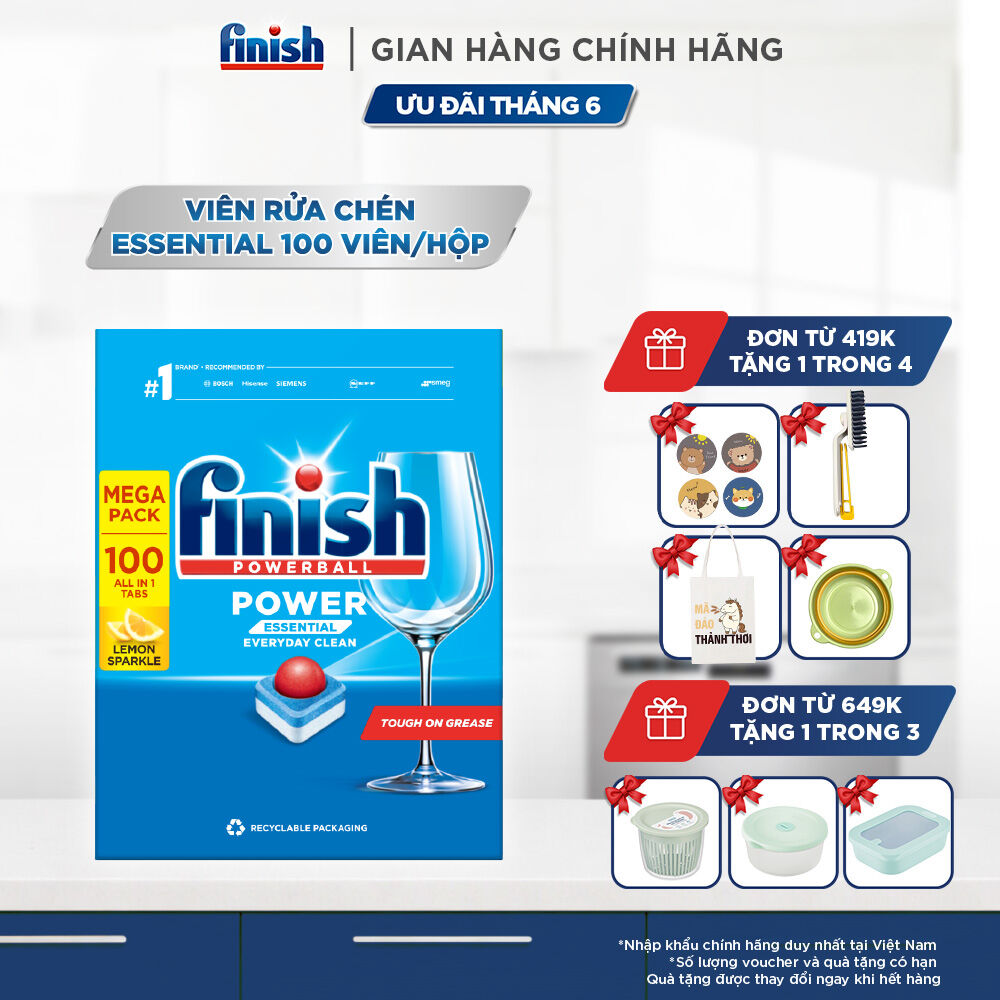 Viên Rửa Chén Bát Hương Chanh Finish Powerball Power Essential Lemon Sparkle - Hộp 100 viên siêu tiết kiệm