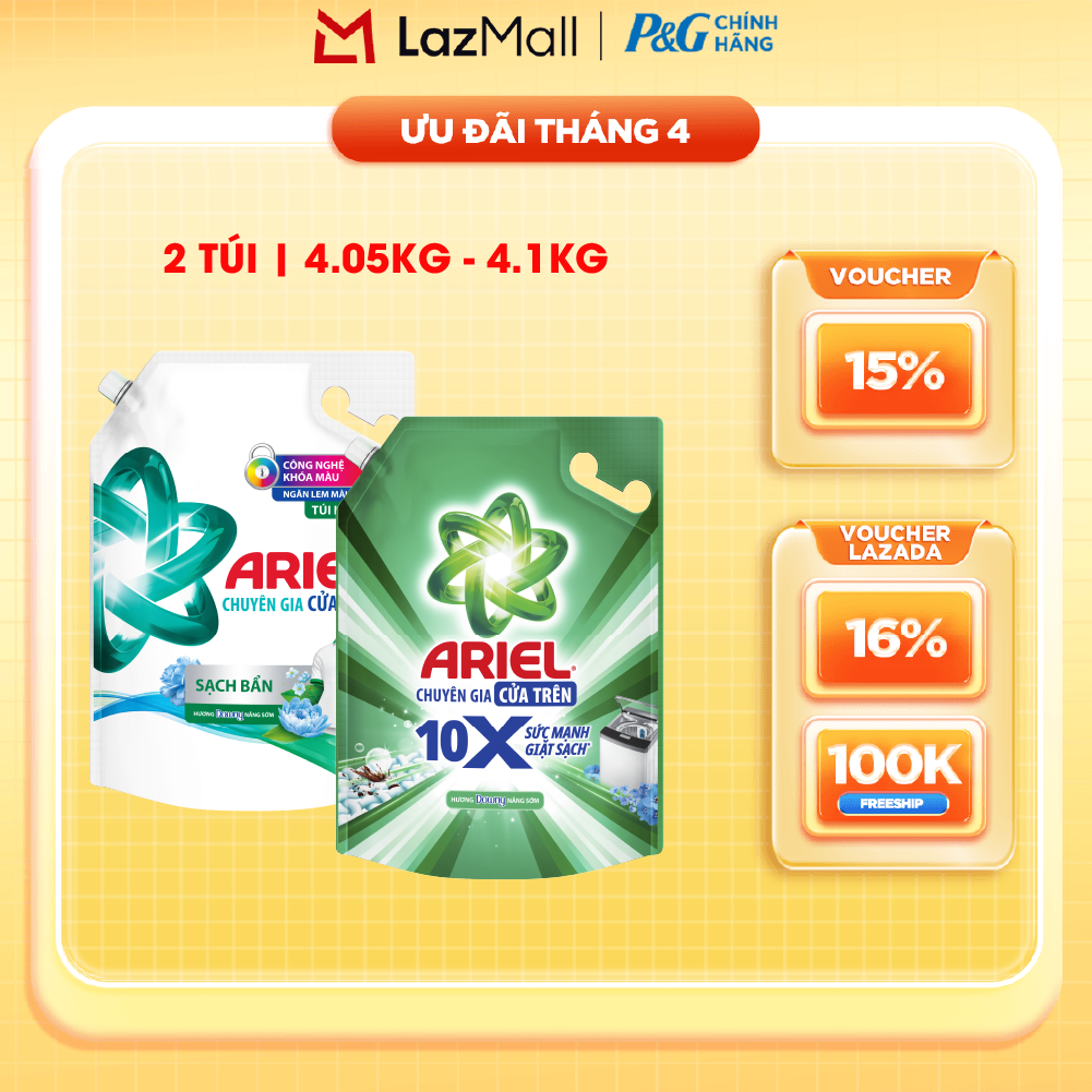 Combo 2 Nước Giặt Cửa Trên ARIEL Ngăn Lem Màu, Quần Áo Siêu Thơm Hương Sạch Sâu Nắng Mai Túi 4.1KG