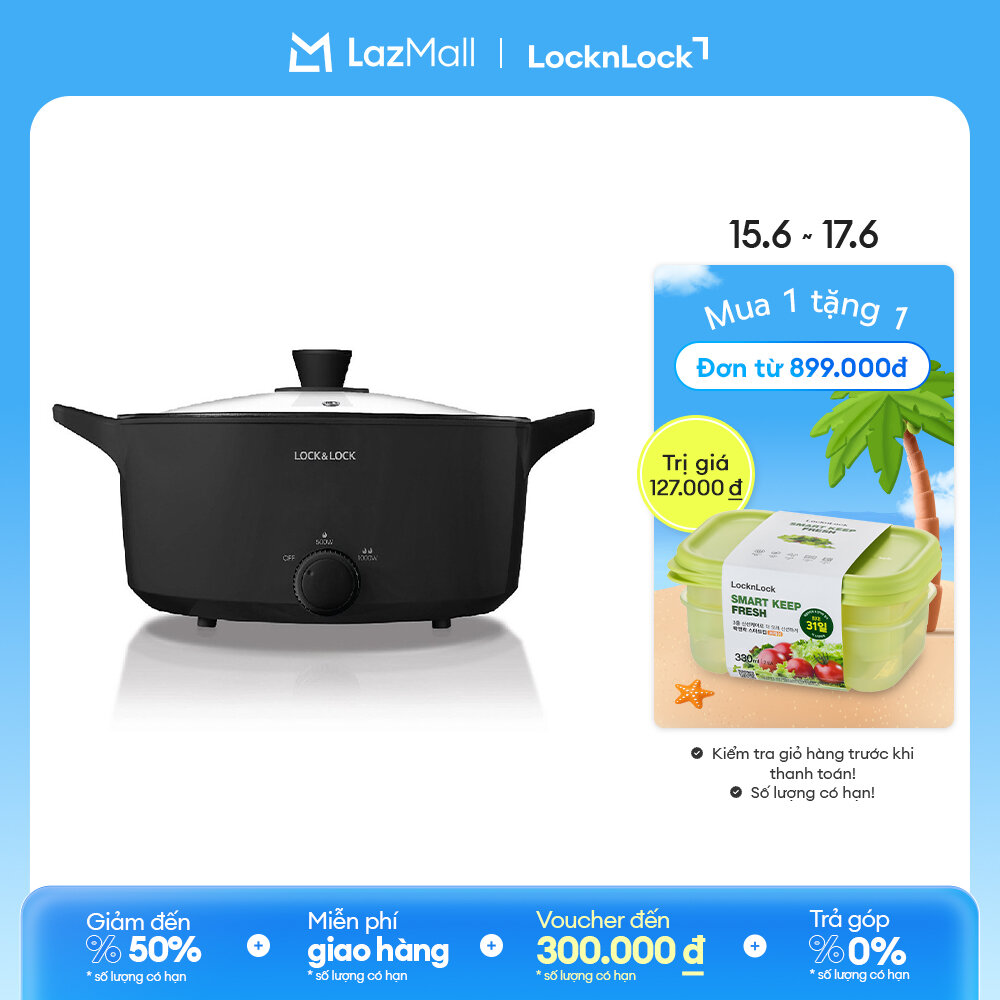 Nồi lẩu điện đa năng LockLock Versatile Hot Pot 4L Màu đen EJP546BLK chống dính, Dung tích lớn, kèm nắp thủy tinh