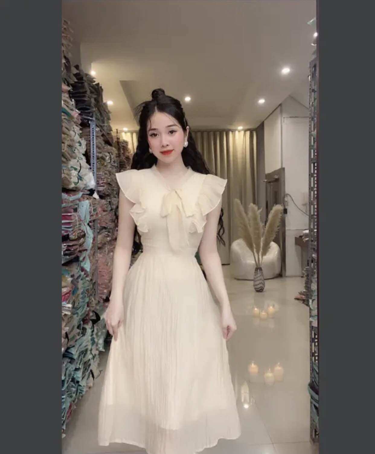 Đầm xoè dáng dài chất voan tơ tay cánh tiên cột nơ xinh xắn