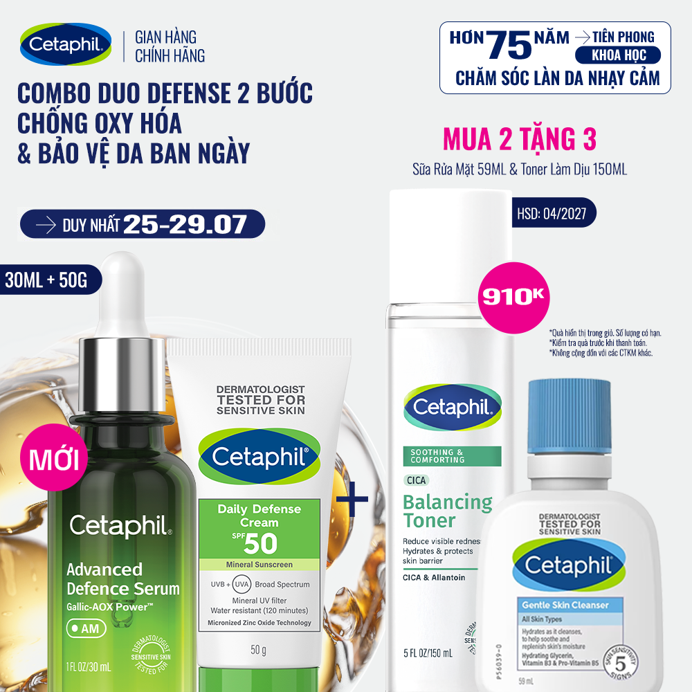 Combo Serum Tinh chất bảo vệ dưỡng da Cetaphil Advanced Defence 30ml và Kem chống nắng dưỡng ẩm 2in1 cho da thiên dầu nhạy cảm Cetaphil Daily Defense Cream SPF50 50G