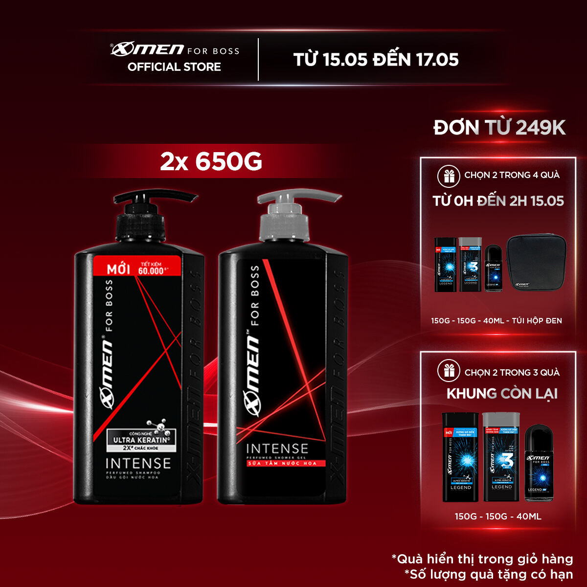 Combo Dầu gội X-Men for Boss hương trầm đầy nội lực Intense với Ultra Keratin© mới 650g + Sữa tắm nư