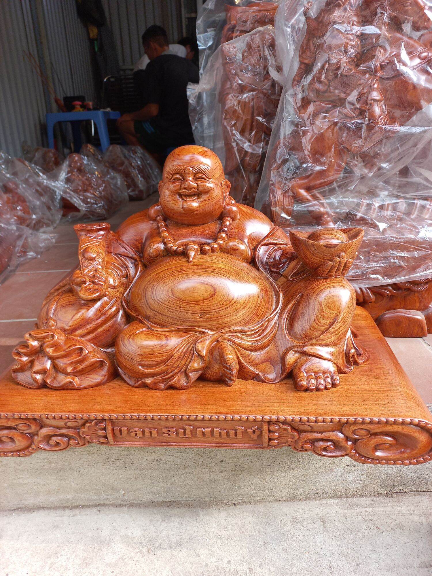 Tượng phật di lặc ngũ phúc bằng gỗ hương đá kt ,50×28×26cm