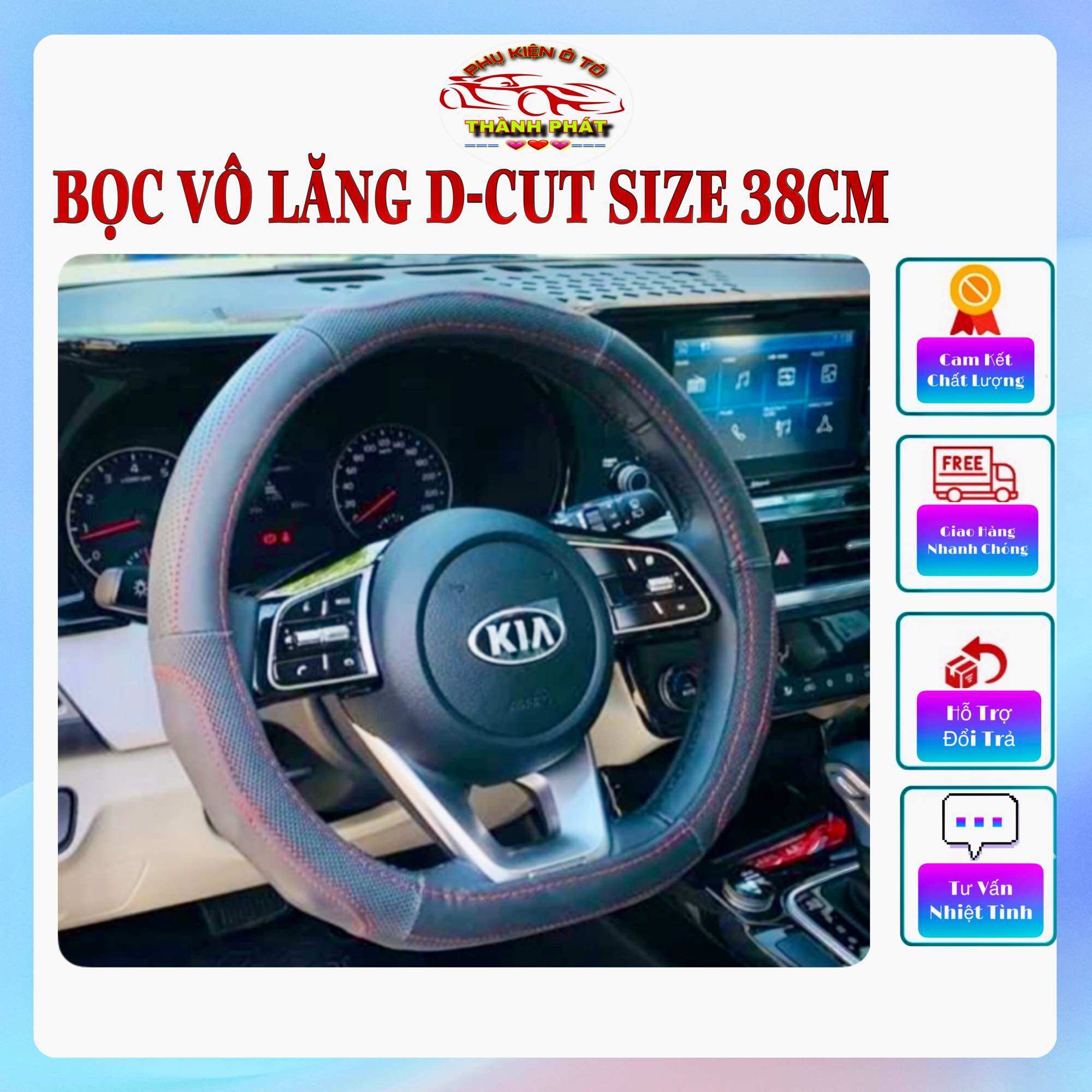 Bọc vô lăng ô tô chữ D phẳng đáy da bò cao cấp - Bao tay lái xe Seltos, XL7, Ertiga, Suzuki Swift, Elantra Sport, Custin, Territory, MG