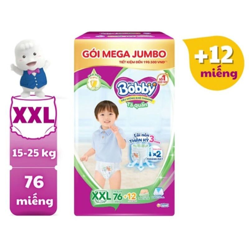 [Date 2026] Tã bỉm quần Bobby Gạo non XXL 76 miếng, XXL76/ XL84+8 miếng