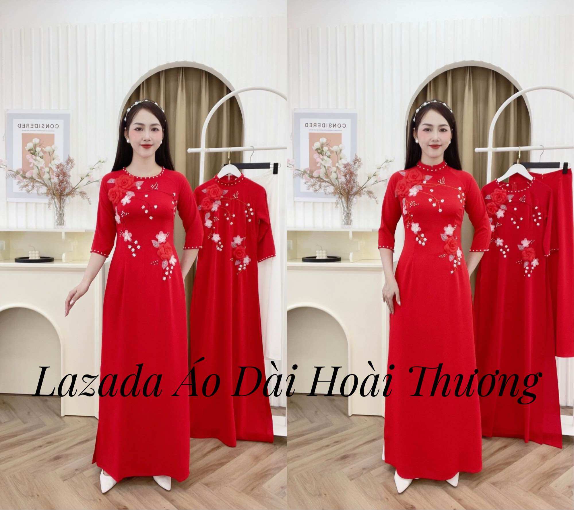 Áo Dài Vải Lụa Mỹ Màu Đỏ Thêu Hoa A2
