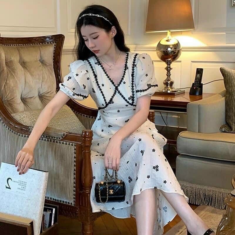 Đầm vintage- Váy xốp in hoa kiểu dáng nhẹ nhàng tiểu thư