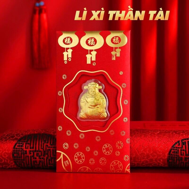 Bao lì xì thần tài mạ vàng - bao lì xì tài lộc - phong bì đỏ ngày lễ tết