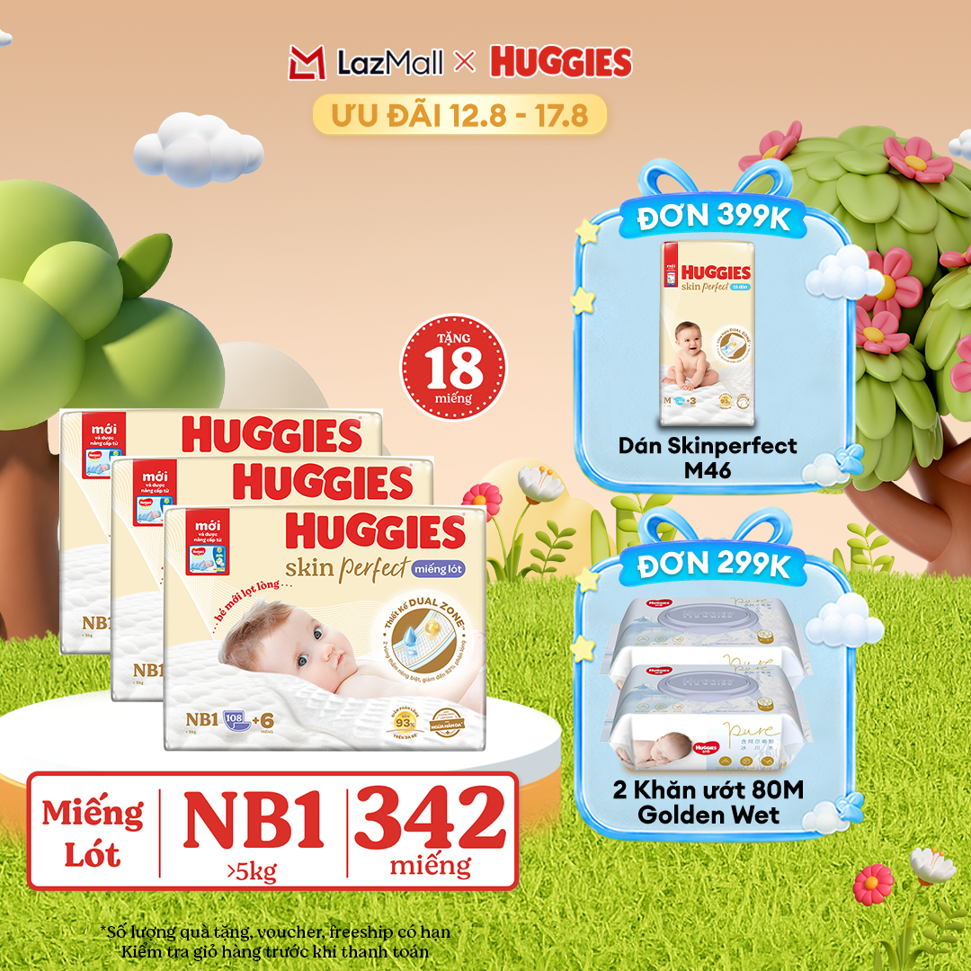[12-17.08] Combo 3 Miếng lót sơ sinh Huggies Skin Perfect NB1 108 miếng với 2 vùng thấm giảm kích ứng da
