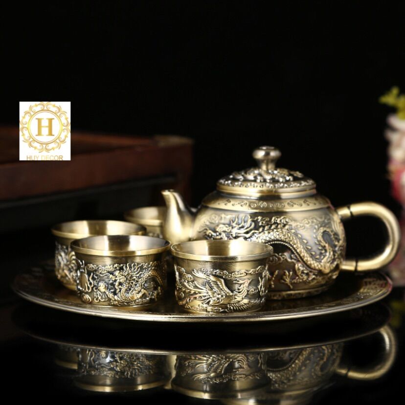Bộ ấm chén trà đầy đủ , Ấm chén uống trà bằng kim loại đồng - Bộ ấm chén thờ cúng Huydecor