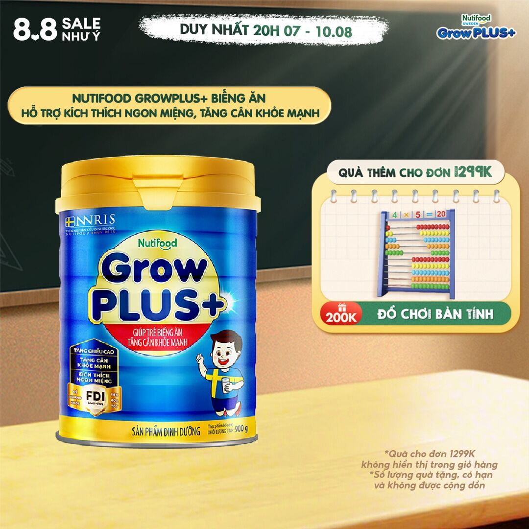 Sữa Bột Nutifood GrowPLUS+ Biếng Ăn (Xanh) - Hỗ Trợ Kích Thích Ngon Miệng, Tăng Cân Khỏe Mạnh (Lon 900g)
