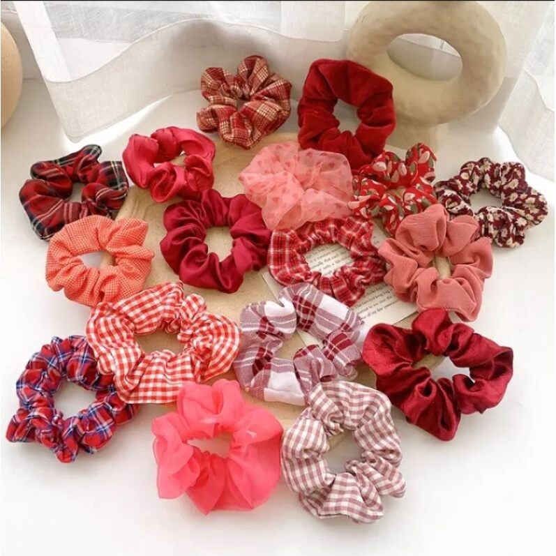 Set 10 thun cột tóc scrunchies tone màu đỏ buộc tóc hottrend