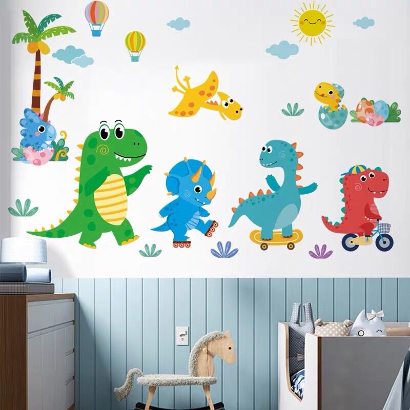 Decal dán tường cho bé khủng long sắc màu