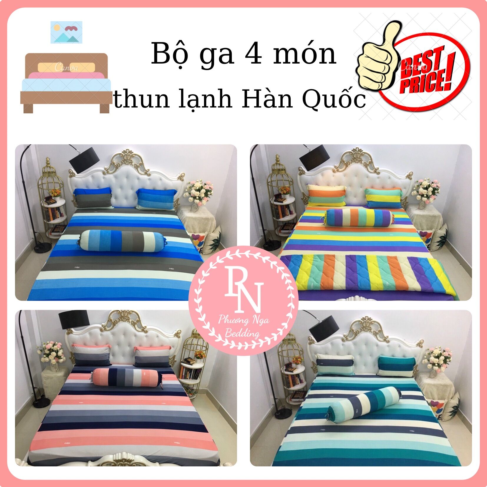 Bộ ga 4 món thun lạnh Hàn Quốc họa tiết Cầu Vồng