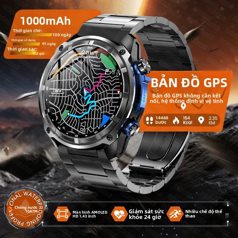 Đồng Hồ Thông Minh GPS Dành Cho Nam Với Bản Đồ, Khả Năng Chống Nước 10ATM, Gọi Bluetooth, La Bàn, Pin 1000mAh, Màn Hình AMOLED, 200+ Chế Độ Thể Thao, Thiết Bị Theo Dõi Thể Dục Ngoài Trời