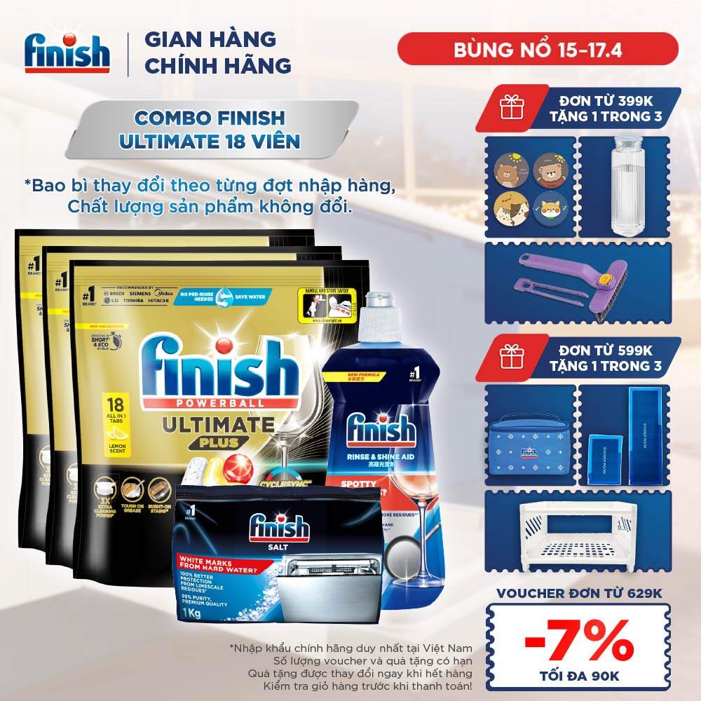 Combo 3 Viên rửa chén Finish Ultimate 18 viên + Nước làm bóng 500ml + Muối rửa chén 1kg