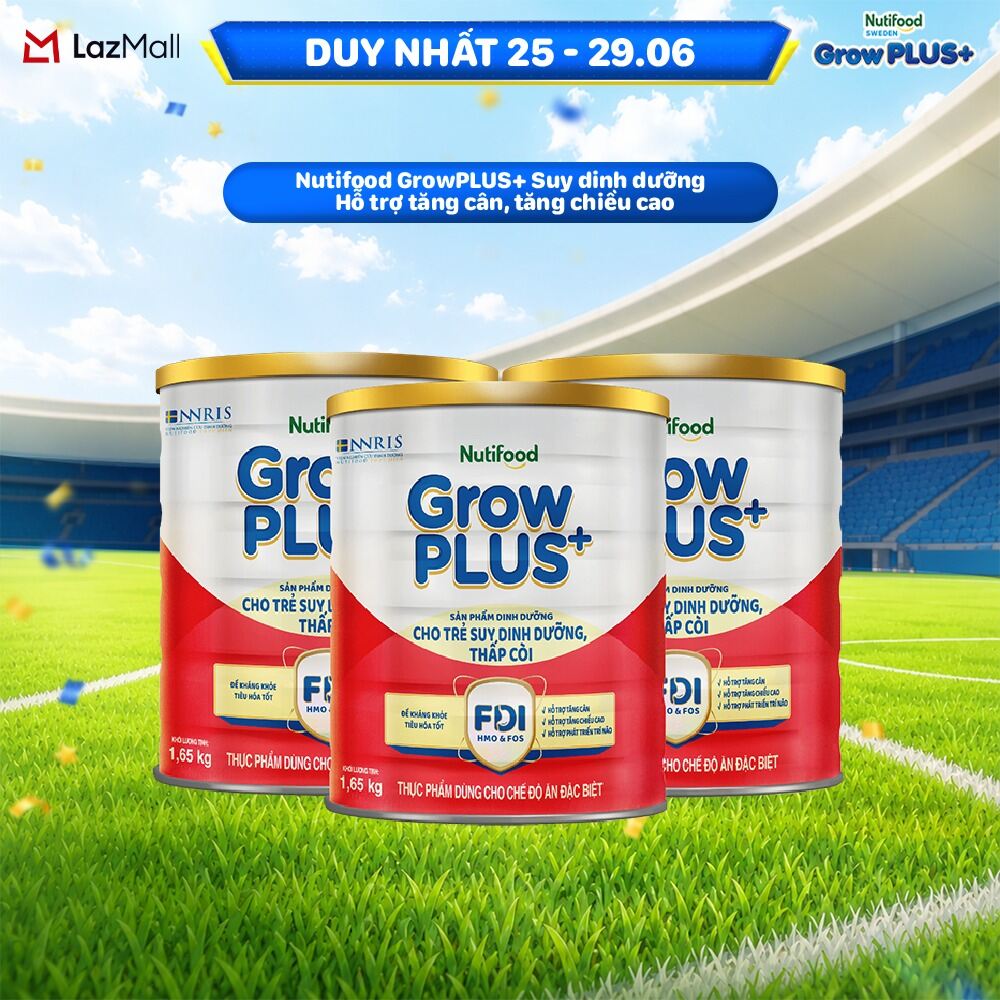 Combo 3 Sữa bột Nutifood GrowPLUS+ Suy Dinh Dưỡng (Đỏ) - Hỗ Trợ Tăng Cân, Tăng Chiều Cao ( 3 Lon 1,65 Kg)