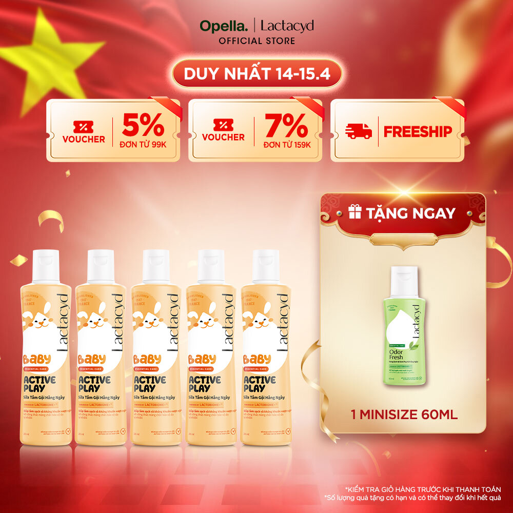 Bộ 5 chai Sữa Tắm Gội Hằng Ngày Cho Bé Lactacyd Baby Active Play, Giúp Đề Kháng Da Và Bảo Vệ Bé Khỏi Vi Khuẩn 250ml