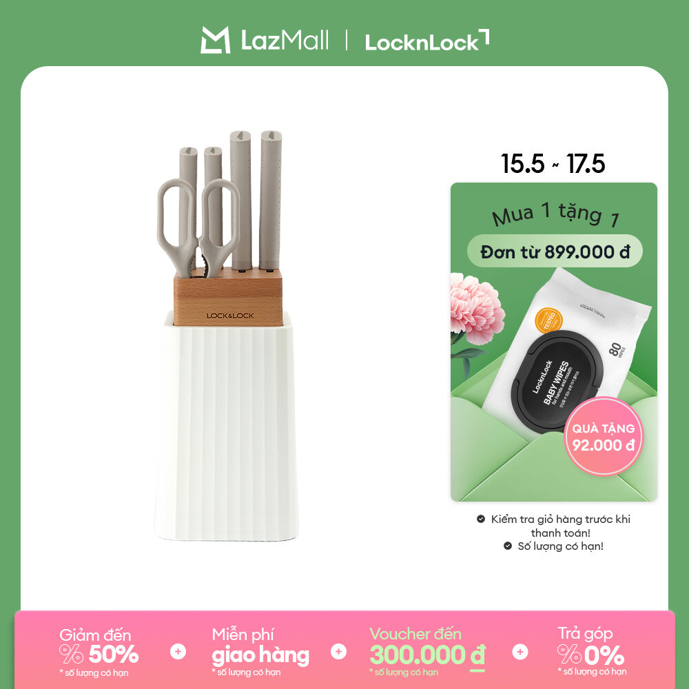 Bộ dao 6 món lock&lock - màu trắng - ckk802 - thép không gỉ sắc bén, có kí hiệu trên cán dao