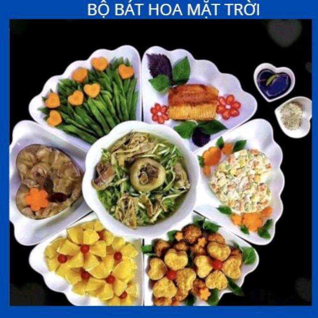 Bộ bát đĩa hoa mặt trời, trắng trơn.