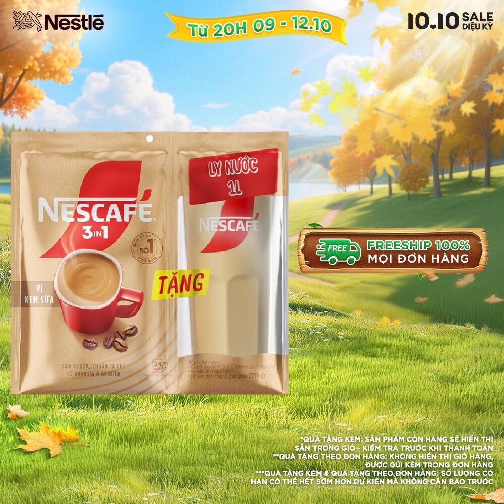 [FREESHIP TOÀN QUỐC] [Tặng ly cao cấp] Bịch Cà phê hòa tan NESCAFÉ 3IN1 VỊ KEM SỮA Bịch 24 gói ĐẬM VỊ SỮA, CHUẨN CÀ PHÊ