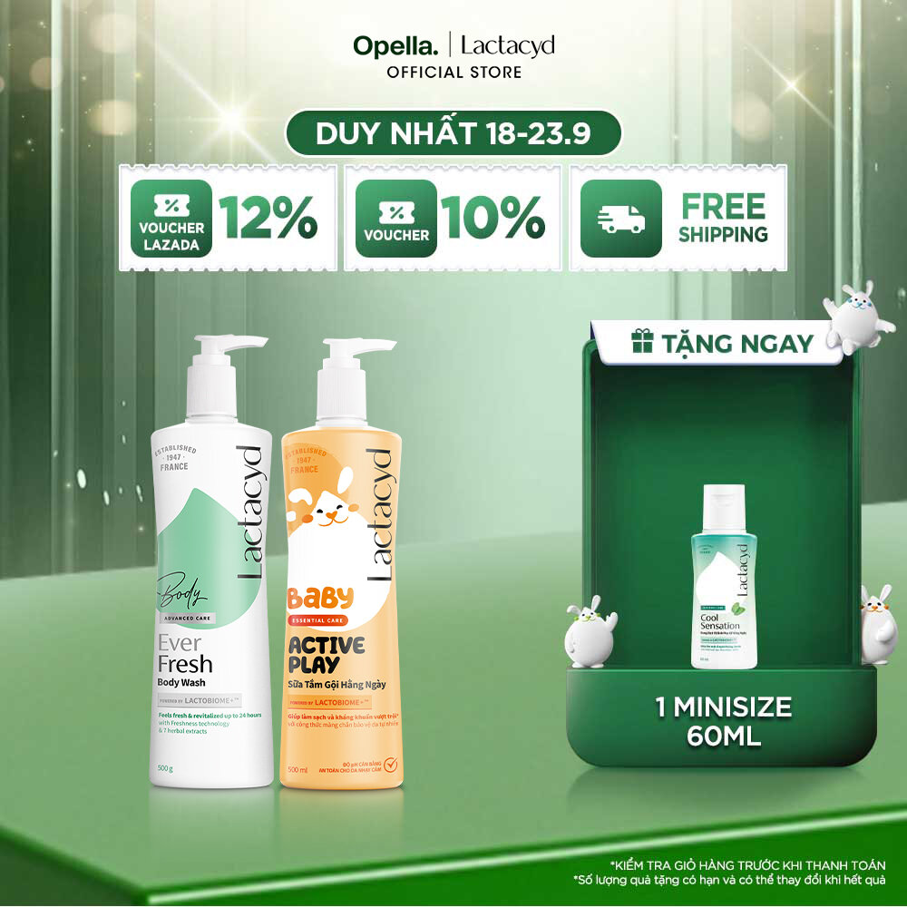 Bộ 1 Sữa tắm Lactacyd Ever Fresh mang lại làn da thơm mát và tràn đầy sức sống đến 24 giờ + 1 Sữa Tắm Gội Trẻ em Lactacyd Baby Active Play 500ml