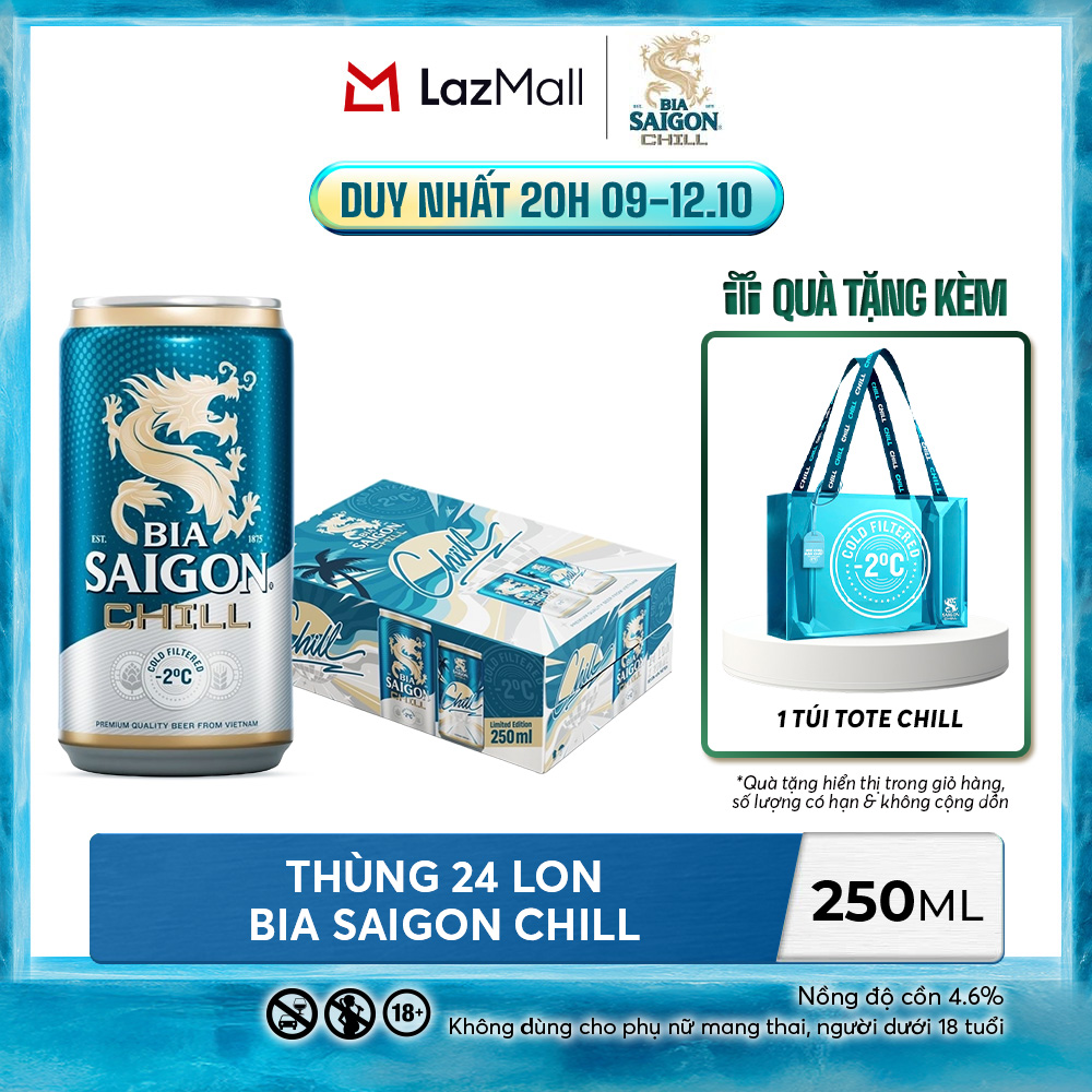 Nồng độ cồn 4.6% - Thùng 24 Bia Sài Gòn Chill 250ml