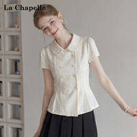 La Chapelle | Áo Blouse Tay Ngắn Cổ Peter Pan Màu Be Đôi Khuy Ôm Eo