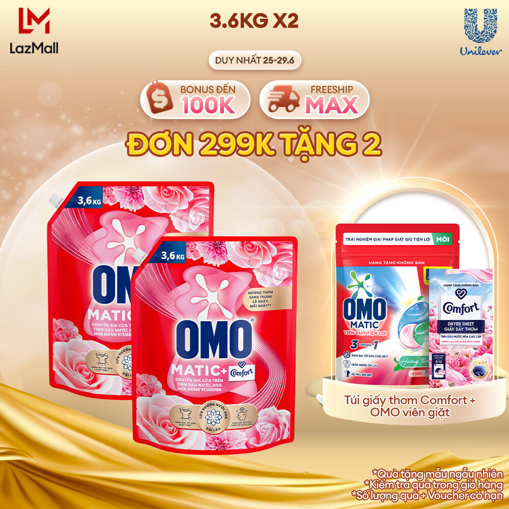 Combo 2 Nước giặt OMO Matic Comfort Hương Hoa Hồng Ecuador cho máy giặt cửa trên, với 3 tầng hương giúp thơm bền lâu, túi 3.6kg