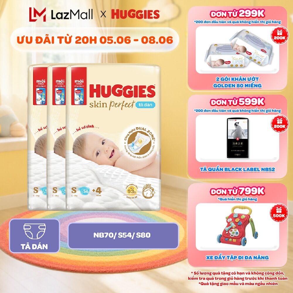 Thùng 3 gói Tã Dán Sơ Sinh Huggies Skin Perfect NB70/S54/S80 Với 2 Vùng Thấm Giảm Kích Ứng Da