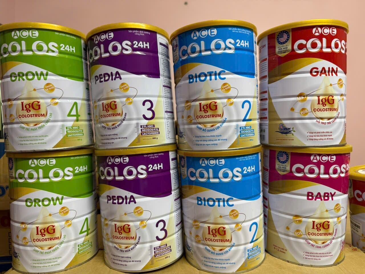 Sữa Colos  24h  các loại Grow, Pedia, Biotic, Gain, Baby, IgG, số 2, 3, 4, hộp thiếc, đa dạng công thức.