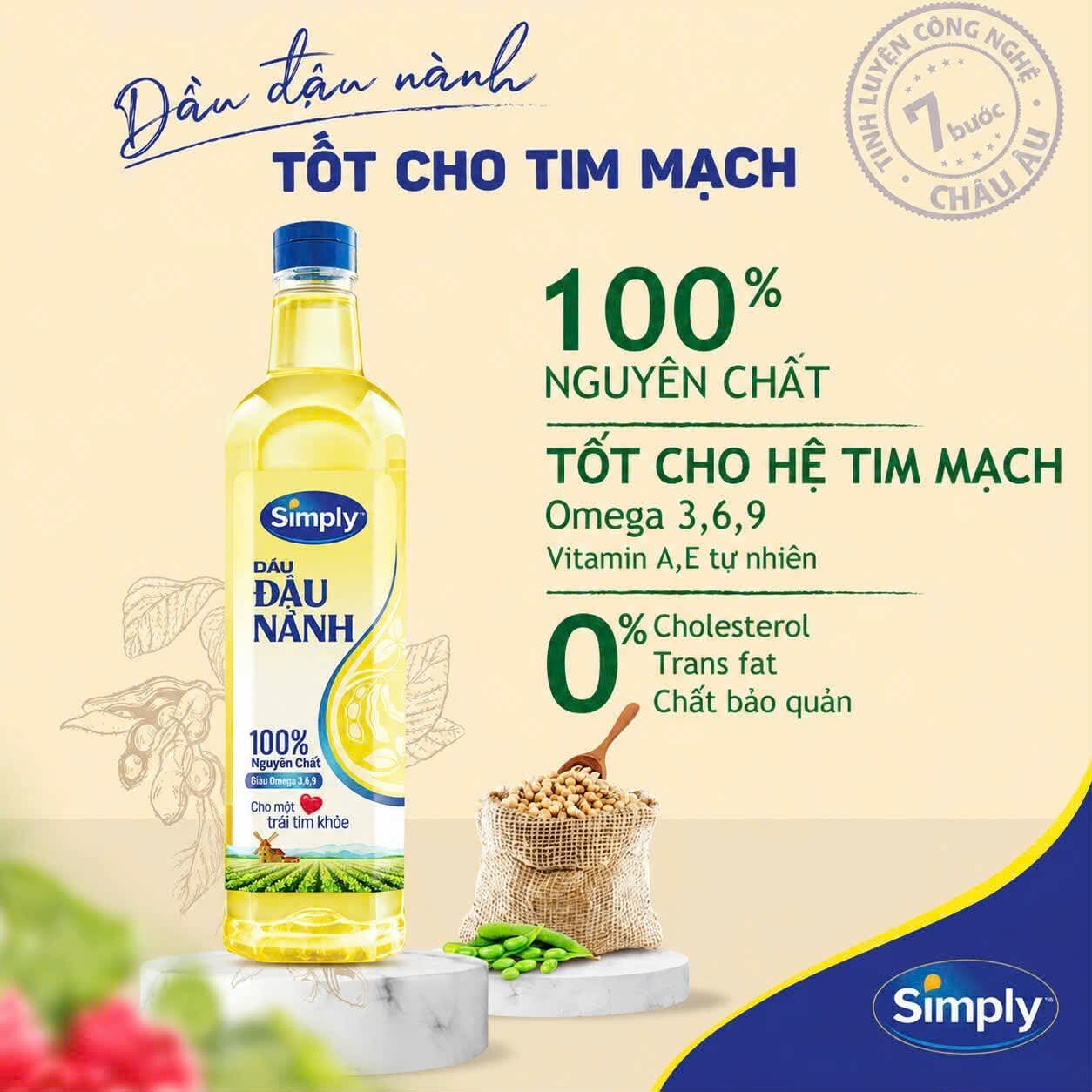 Dầu đậu nành Simply chai 1 lít - 100% nguyên chất - Tốt cho tim mạch - Omega 3,6,9 - Vitamin A,E - 0% cholesterol - Chất bảo quản