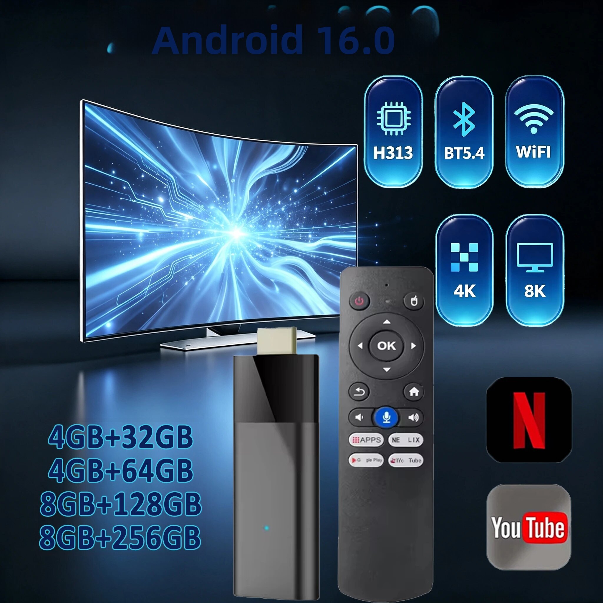 Thiết Bị Phát Đa Phương Tiện Android 16 Smart TV Stick 8GB 256GB Q12 Wifi Kép 4K 8K HDR BT5.4 Allwinner H313 Điều Khiển Bằng Giọng Nói Với Netflix Google Play