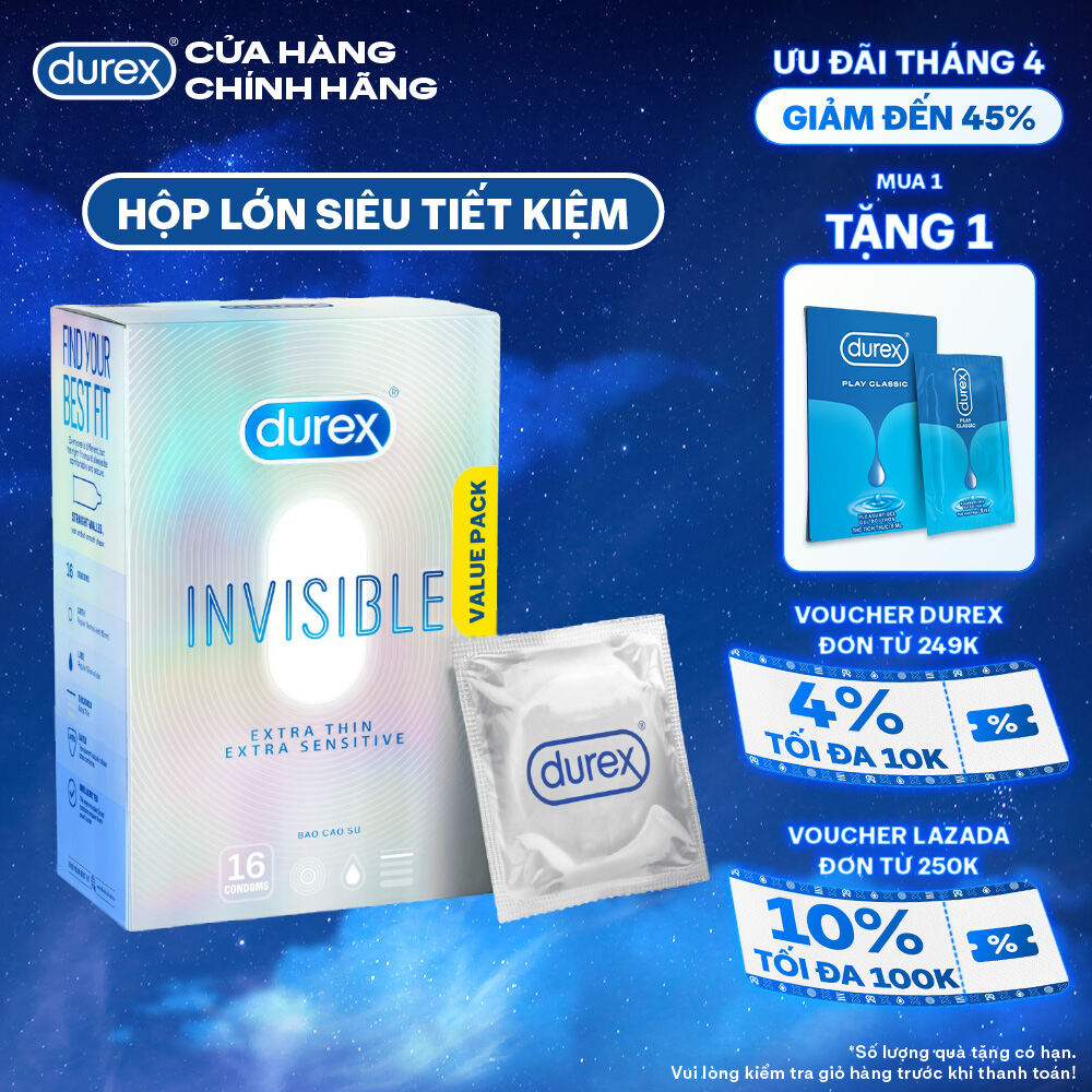 Bao Cao Su Durex Invisible Siêu Mỏng, Size 52 mm, Hộp 16 Bao Mới Ra Mắt - Hộp Lớn Siêu Tiết Kiệm
